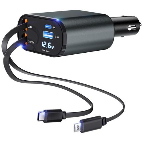 4-in-1 Retractable Car Charger, 100W USB-C Fast Adapter with Lightning Cable & Dual Ports for iPhone, iPad, AirPods, Samsung, Google Pixel