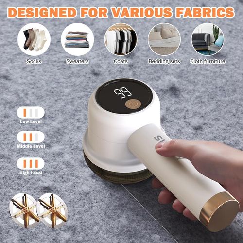 Rechargeable Fabric Shaver with 2 Replaceable Stainless Steel 6-Leaf Blades(1 Free Extra Included) | Lint Remover with 3-Speed Settings & LED Display - Efficient Sweater and Lint Shaver for Clothes, Removing Fuzz, Lint Balls, Pills, and Hairballs.