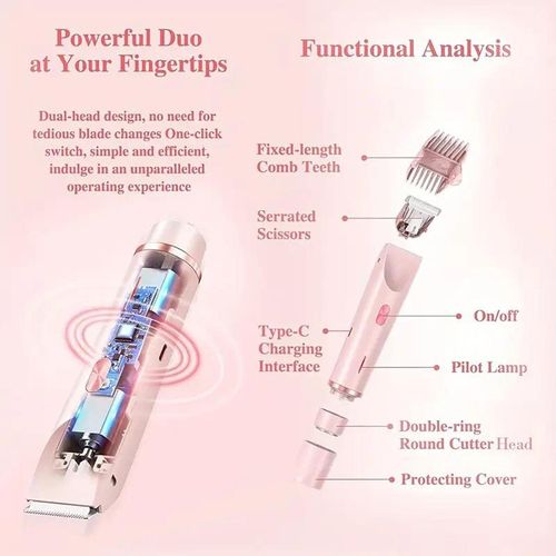 🔥Bikini Trimmer for Women, Electric Shaver and Razor Rechargeable 2-in-1 Body and Facial Epilator, Dual Heads for Painless Trimming of Pubic Hair, Face, Underarms and Legs, Summer Gift