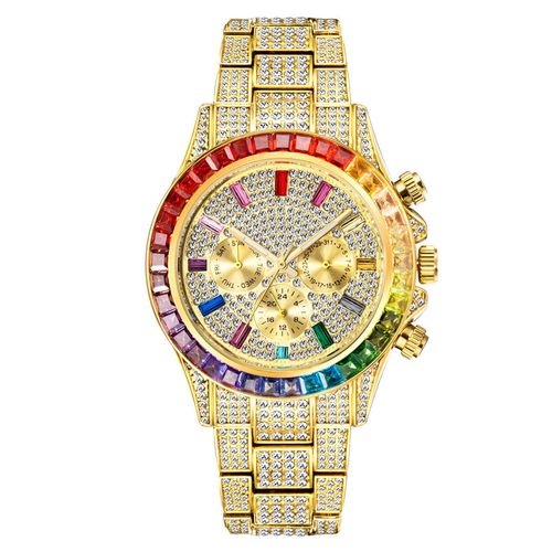 MISSFOX V298 Full Diamond Gold Men's Watch Three Eyes Six Needles Men's Watches Hip Hop Bracelet Luminous Wristwatch