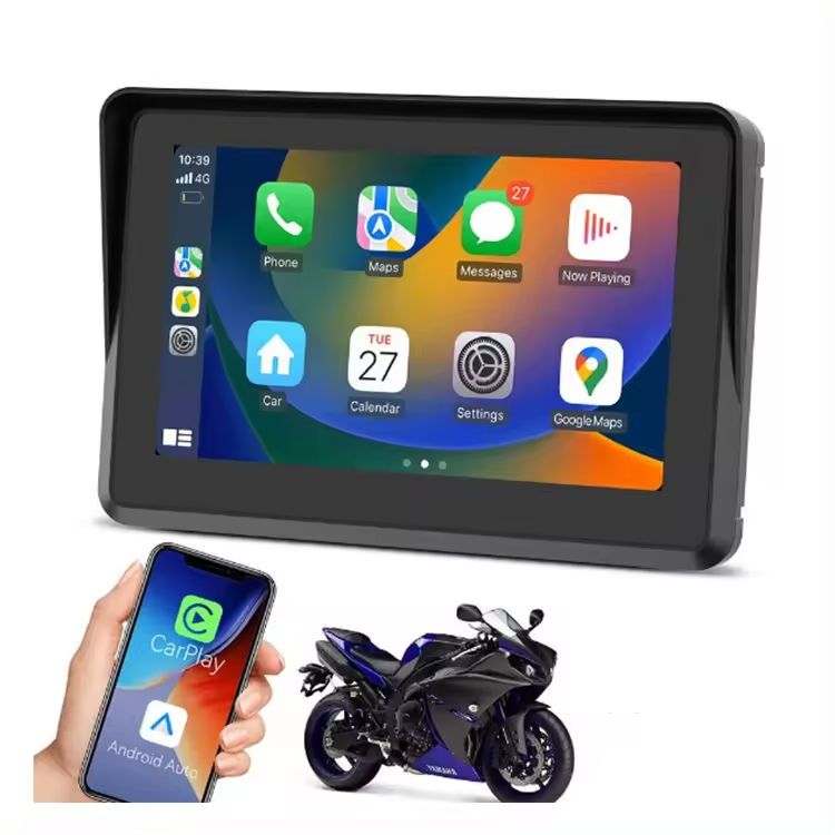 Touchscreen motorcycle Global Positioning System (GPS) with a screen that supports Apple CarPlay function. It has waterproof performance and enables wireless Apple CarPlay connection. It is suitable for motorcycles and bicycles. It is an Android-based GPS navigation display screen equipped with dual Bluetooth functionality