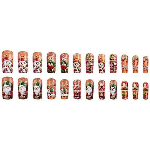 24pcs 3D Christmas Theme Embossed Snowman Nail Designs Art Decoration Wearable Fake Nail Stickers Christmas Nail Pieces