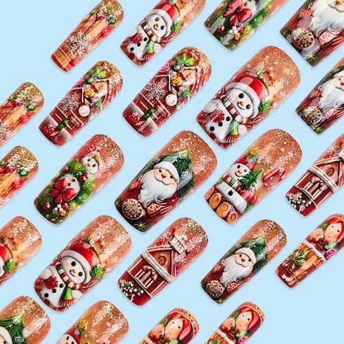 24pcs 3D Christmas Theme Embossed Snowman Nail Designs Art Decoration Wearable Fake Nail Stickers Christmas Nail Pieces