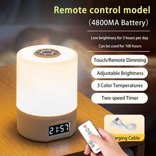 USB Chargeable 1200mA LED Remote-controlled Night Light Clock Battery Level Display Three-color Temperature Bedside Lamp