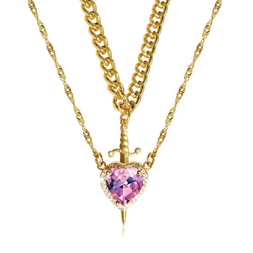 Sword and Heart Necklace Set 18K Gold Plated Stainless Steel Anti Tarnish Zircon Love Pendant Necklace for Couple