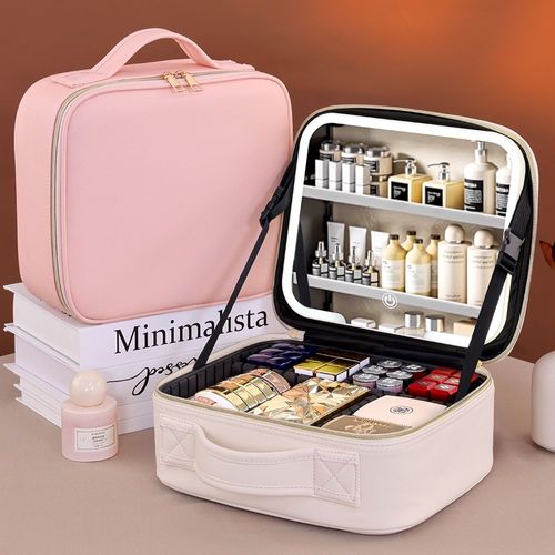 Travel Bags Box Led Light Large Capacity Makeup Case Storage Bag Waterproof PU Cosmetic Case with Led Lights and Mirror