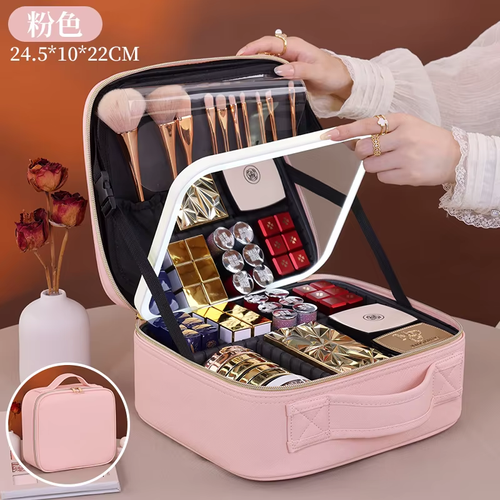 Travel Bags Box Led Light Large Capacity Makeup Case Storage Bag Waterproof PU Cosmetic Case with Led Lights and Mirror
