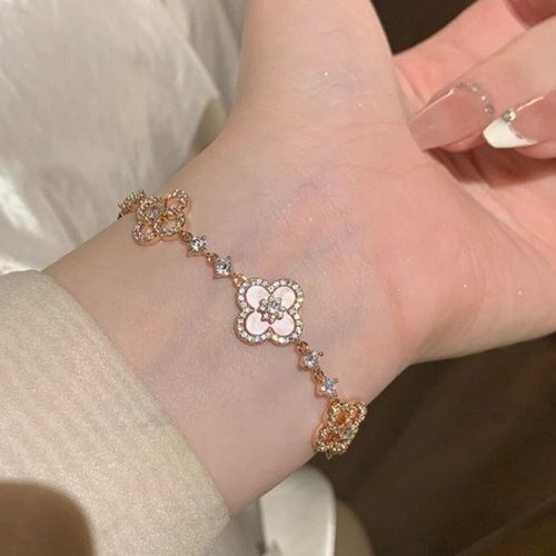 Sweet Sakura High-End Luxury Four-leaf Clover for Bracelet Micro-Infused Zircon Hollow Middle Pink Fritillary Fashion Bracelet