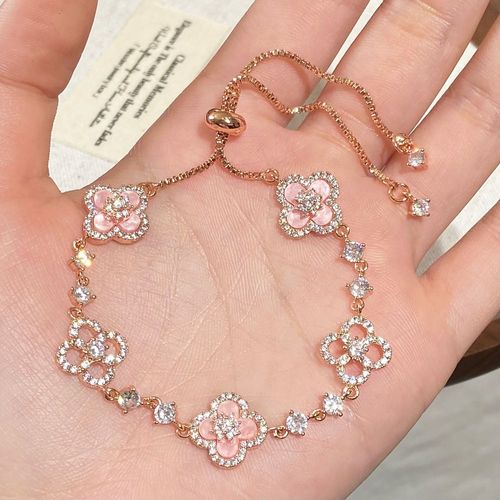 Sweet Sakura High-End Luxury Four-leaf Clover for Bracelet Micro-Infused Zircon Hollow Middle Pink Fritillary Fashion Bracelet