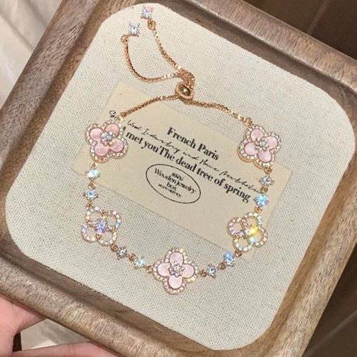 Sweet Sakura High-End Luxury Four-leaf Clover for Bracelet Micro-Infused Zircon Hollow Middle Pink Fritillary Fashion Bracelet