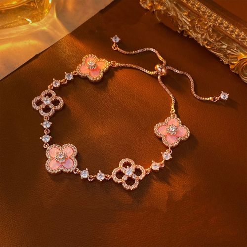Sweet Sakura High-End Luxury Four-leaf Clover for Bracelet Micro-Infused Zircon Hollow Middle Pink Fritillary Fashion Bracelet