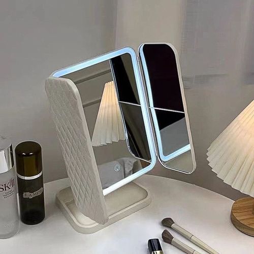 USB LED Portable Desktop Cosmetic Mirror Three Sides Folding and Touch Screen Vanity Mirror with Magnifying Glass