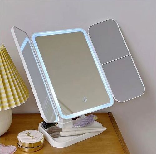 USB LED Portable Desktop Cosmetic Mirror Three Sides Folding and Touch Screen Vanity Mirror with Magnifying Glass