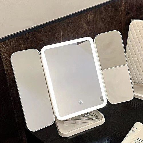 USB LED Portable Desktop Cosmetic Mirror Three Sides Folding and Touch Screen Vanity Mirror with Magnifying Glass