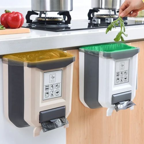 Wall Mounted Trash Bin Plastic Desktop Hanging Kitchen Trash Can Foldable Home Food Kitchen Waste Bin