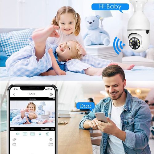 Ultra-low price outdoor two-way wireless light bulb camera with motion detection and 360-degree panoramic WiFi connectivity.