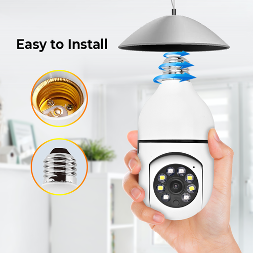 Ultra-low price outdoor two-way wireless light bulb camera with motion detection and 360-degree panoramic WiFi connectivity.