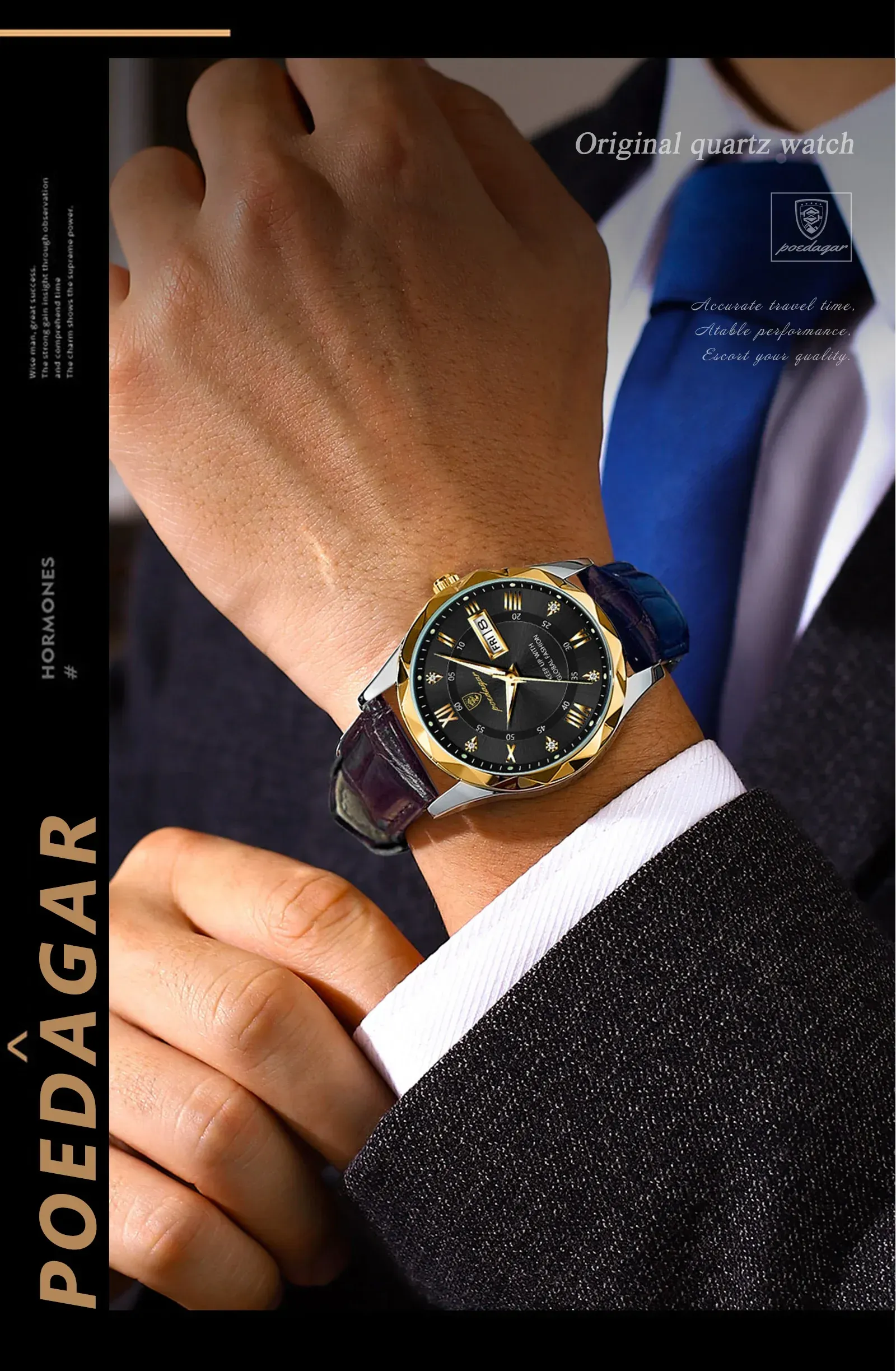 Men's Watch — Water-Resistant, Luminous, Date and Day Display, Quartz Movement, Genuine Leather Strap