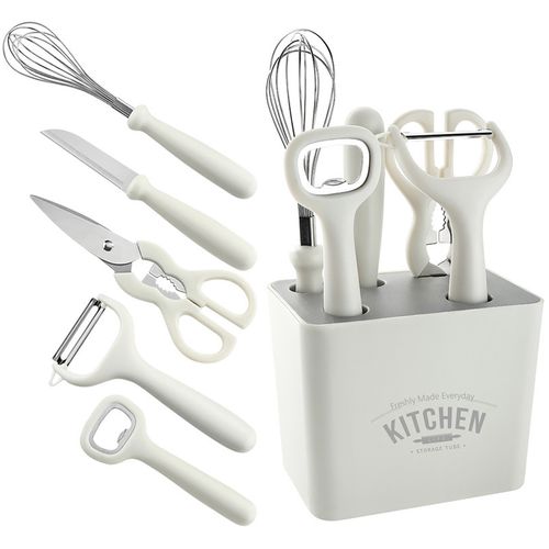 6Pcs Stainless Steel Kitchen Gadget Fruit Cutting Knife Set with Storage Seat Melon Shaver Scissors Fruit Knife Egg Beater Set