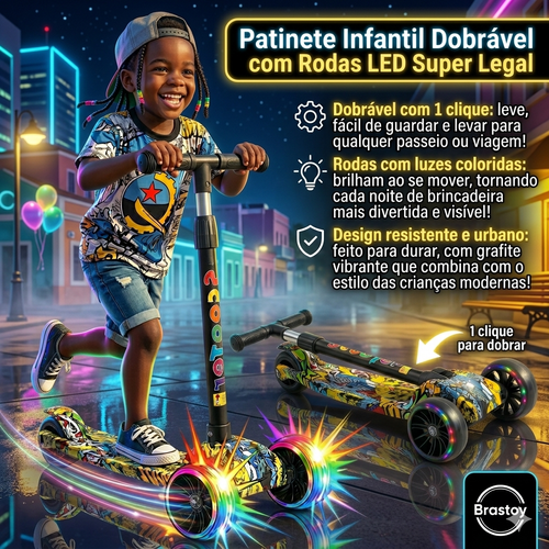 🛴🎁 Presente Perfeito para Crianças | Patinete Infantil com Rodas Luminosas 🌈✨ Dobrável e Fácil de Levar 👜🔄 Seguro e Estável para Brincar sem Preocupação 🔒👶