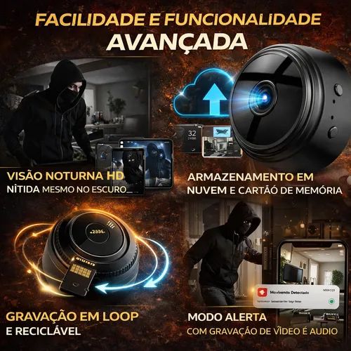 Câmara de Segurança WiFi sem fio com visão noturna e deteção de movimento