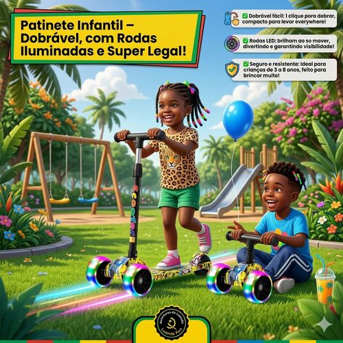 🛴🎁 Presente Perfeito para Crianças | Patinete Infantil com Rodas Luminosas 🌈✨ Dobrável e Fácil de Levar 👜🔄 Seguro e Estável para Brincar sem Preocupação 🔒👶