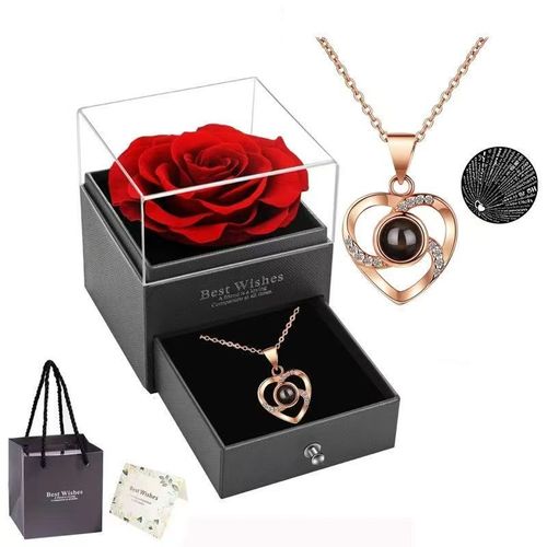 😍Conjunto de caixa de presente de colar de rosa vermelha (incluindo colar de amor, cartão postal de palavras de amor, rosa vermelha brilhante, caixa de presente de alta qualidade).  Pequena caixa de presente, carregando o seu amor eterno para o seu amante, deixe o romance cheio de casa, deixe seu coração está em movimento!