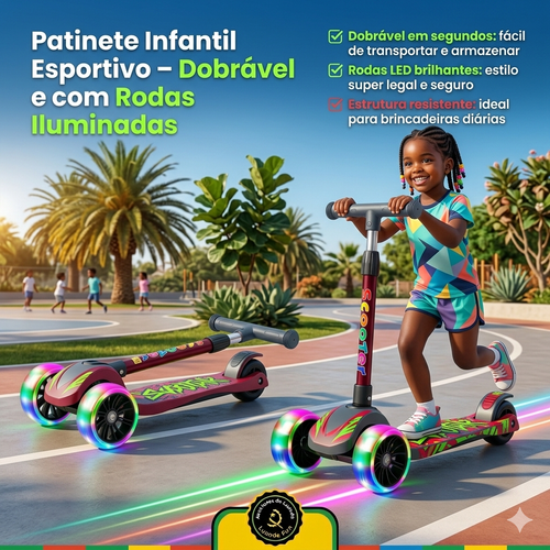 🛴🎁 Presente Perfeito para Crianças | Patinete Infantil com Rodas Luminosas 🌈✨ Dobrável e Fácil de Levar 👜🔄 Seguro e Estável para Brincar sem Preocupação 🔒👶