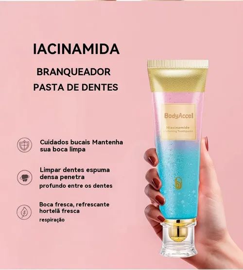 Ilumine seu sorriso em 7 dias ✨ Creme dental clareador com niacinamida - Diga adeus às manchas e aos dentes amarelados, sorria com confiança!