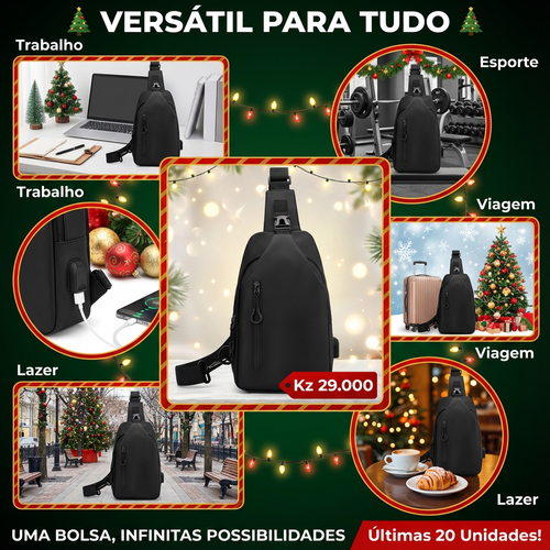 🎅🎄🔥🔋 Este Natal em Luanda, nunca mais fique sem bateria! Mochila Peitoral Impermeável com Porta USB Integrada – O presente perfeito! 🎁✨🚀