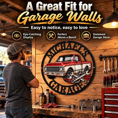 Personalized Classic Truck Garage Metal Sign – Custom Name Workshop Decor for Dad, Husband, Grandpa, Brother & Mechanic