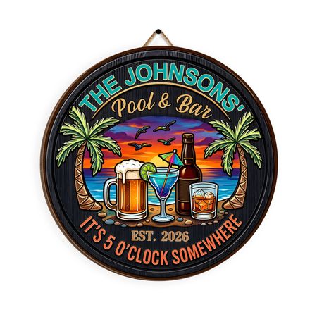 It's 5 O'clock Somewhere - Wood Sign,Pool & Bar Wooden Sign, Custom Family Name Poolside, Tiki Bar Patio Sign, Outdoor Summer Family Decor Gift