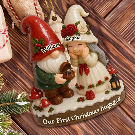 Our First Christmas Engaged With Gnomes - Personalized Custom Wood Ornament, Custom Shaped