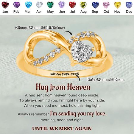 Personalized Angel Wing Infinity Ring with Heart Birthstone and Engraved Text, Birthday and Anniversary Gift for Her