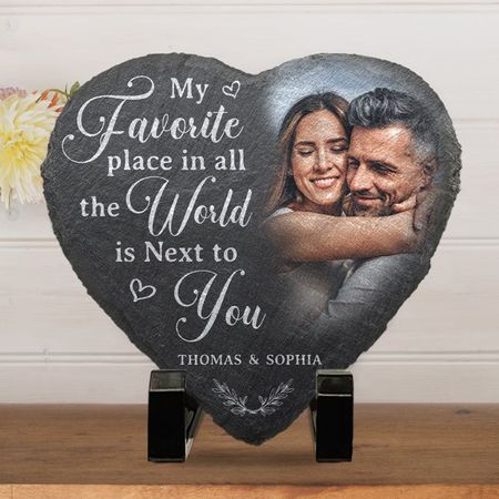 Personalized Photo My Favorite Place in the Whole World is Next to You – Personalized Heart Stone for Couples with Stand – Gift for Husband and Wife, Anniversary