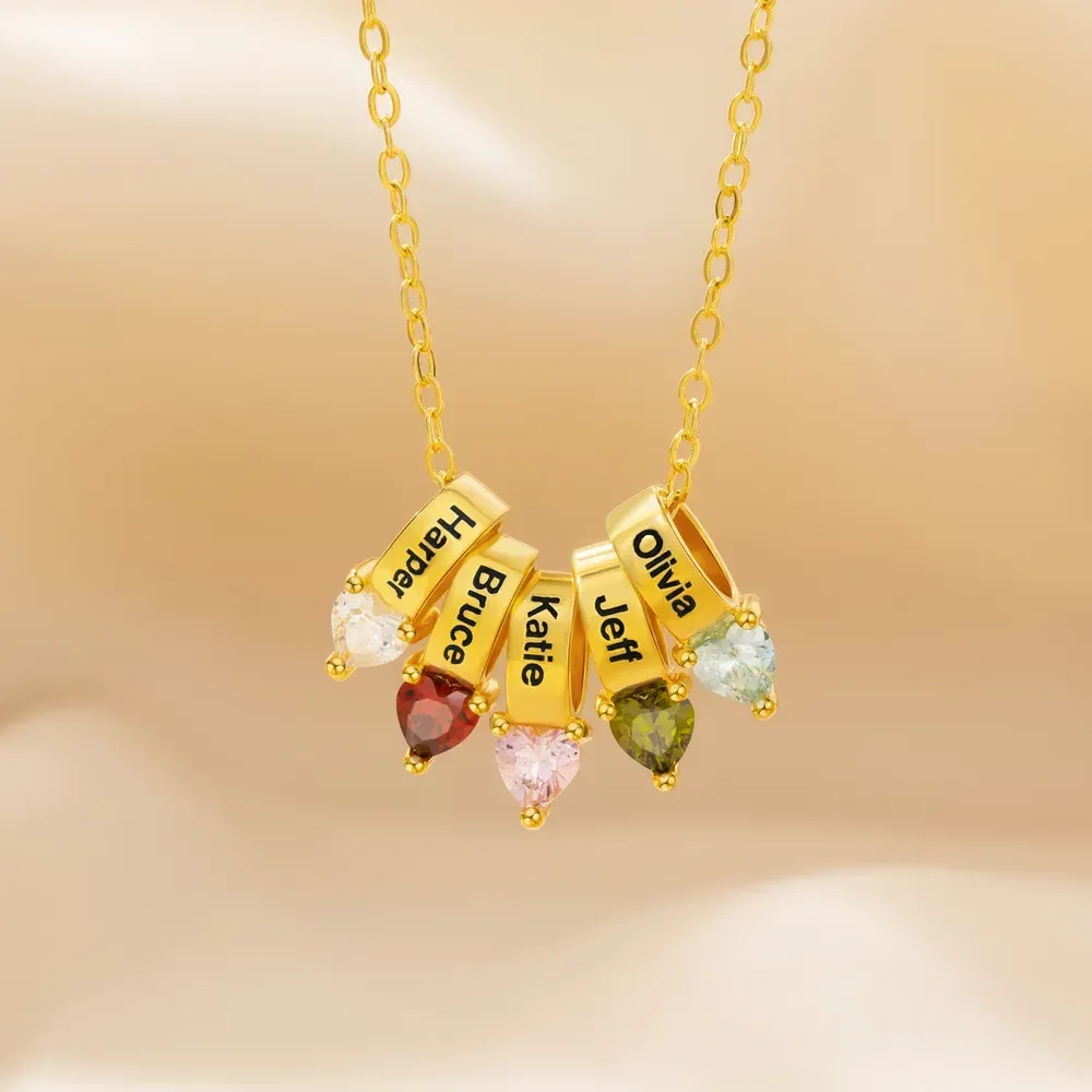 Personalized, heart-shaped family birthstone necklace, can be engraved with 1-5 names, an exquisite piece of jewelry.