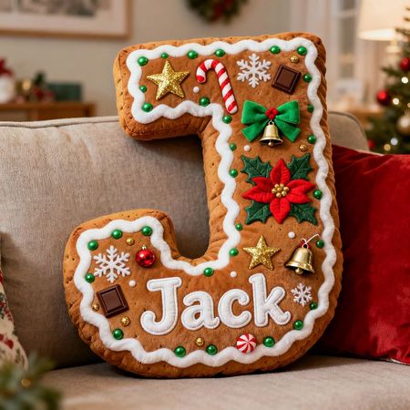 Personalized cartoon gingerbread man themed letter name throw pillow