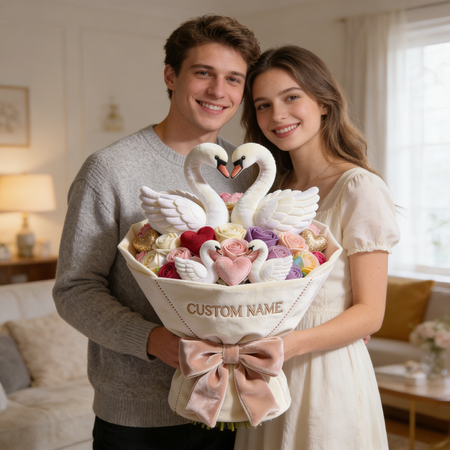 Personalized valentine's day heart swan bouquet themed pillow