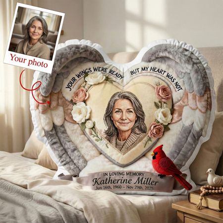 Custom Photo Heaven In Heart Shaped Pillow, Personalized Keepsake To Remember Loved One