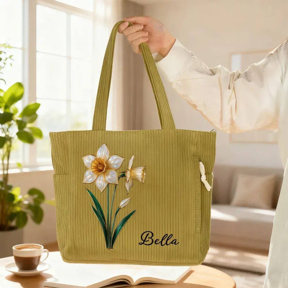 Personalized Birth Flower Corduroy Large Capacity Tote Bag with Name Daily Use Birthday Gift for Women