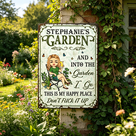 🌿 THIS IS MY HAPPY PLACE DON T FUCK IT UP Personalized Garden Sign Custom Name Vintage Tinplate Plaque Funny Outdoor  Indoor Wall Decor