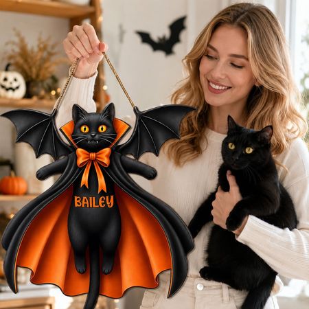 Halloween Cat Vampire - Personalized Wooden Door Sign - Summerween Decor for Cat Lovers