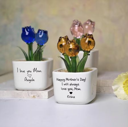 🌷Glass Everlasting Tulips, Mom Flower Gift, Hand Blown Glass Potted, Mothers Day Gifts
