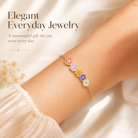 Personalized Birth Flower Chain Bracelet for Mom Grandma - Custom Family Flower Bracelet with 1–8 Flowers