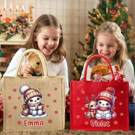 Personalized Snowflake Cute Cartoon Snowman Large Jute Tote Bag with Name Christmas Party Gift for Kids Family
