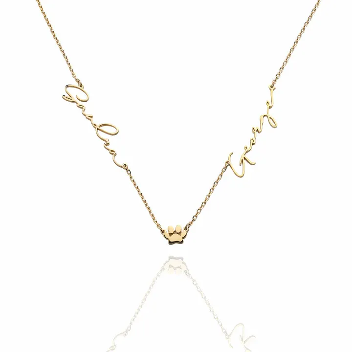 Custom Necklace with Two Names and Pawprint Charm