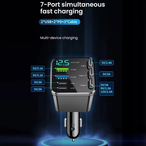 7 in 1 Retractable Car Charger USB Type C PD Retractable Cable for iPhone Samsung Fast Charging Cord Cigarette Lighter Adapter