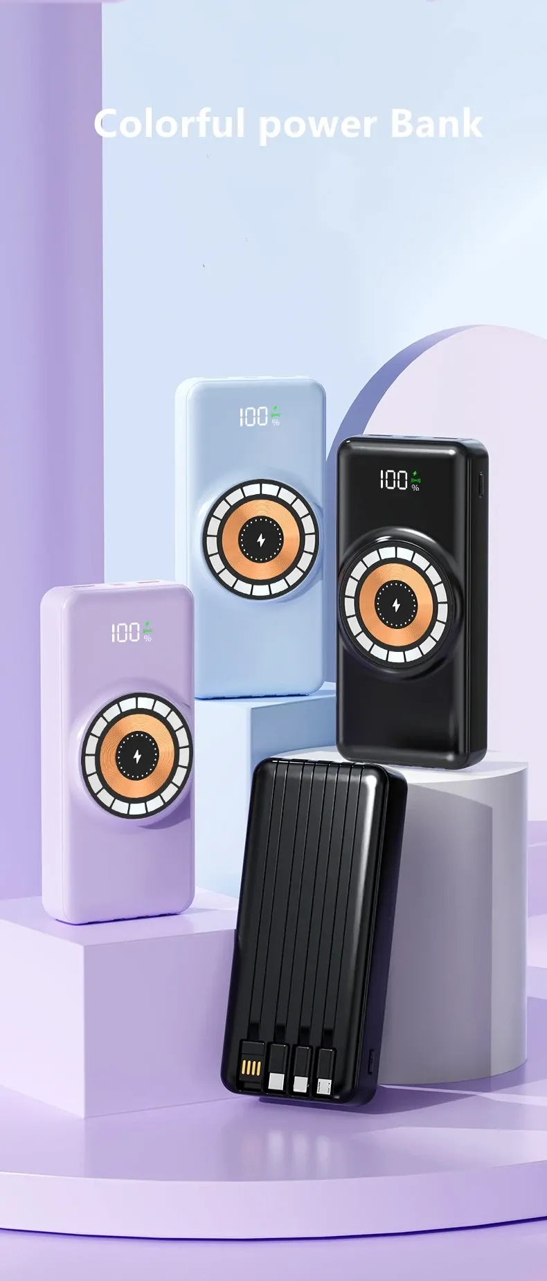 Super Fast Charging Powerful Magnetic Power Bank 20000mAh Battery Pack PD 20W Built in Cable Travel Wireless Charging Power Bank