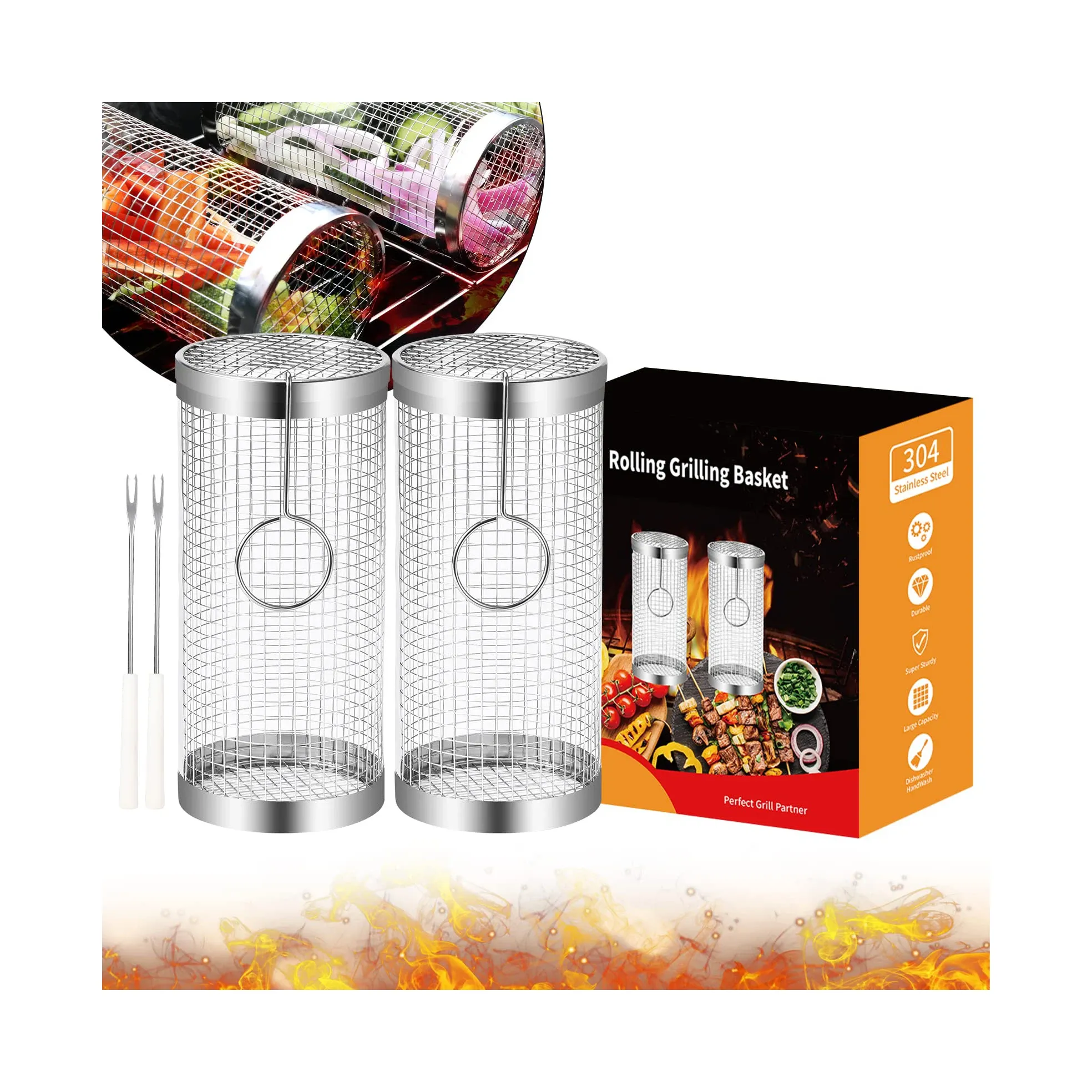 2026 2pcs Round Tube Cylinder Barbecue Barbeque BBQ Roller 304 Stainless Steel Wire Mesh Rolling Grilling Baskets for Outdoor