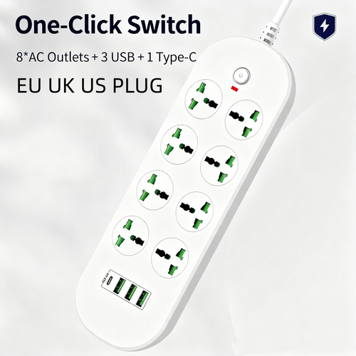 New Product EU UK US Plug Power Strip with 3 Usb and 1 Type c 8 AC Outlets Power Extension Socket